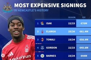 德转列纽卡队史引援榜：伊萨克7000万，伊兰加、托纳利、戈登在列